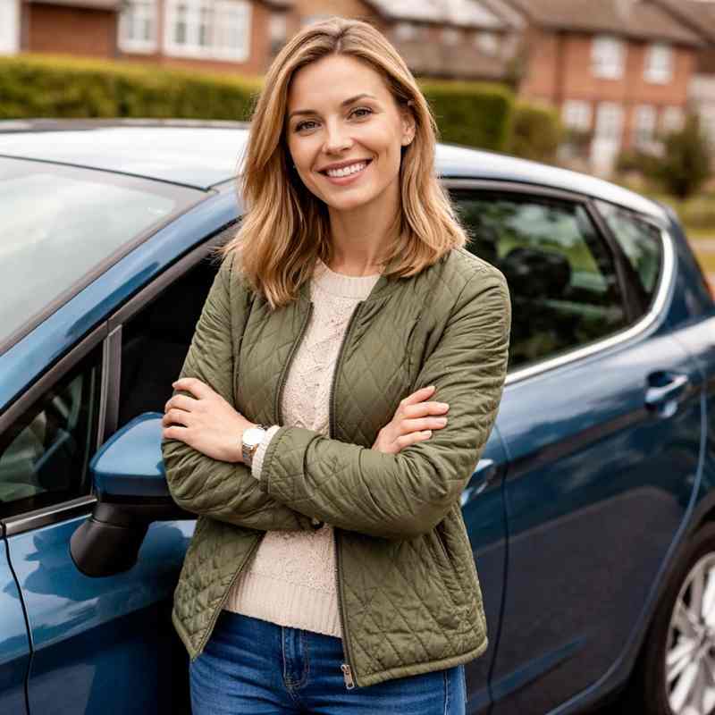 female motorist reviewing insurance options post-accident