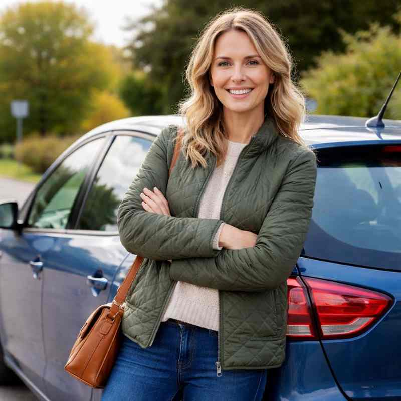 female young driver checking insurance details carefully