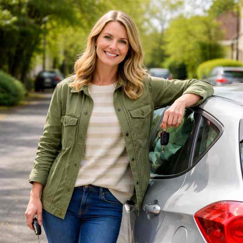 female driver waiting in slow moving traffic in a city