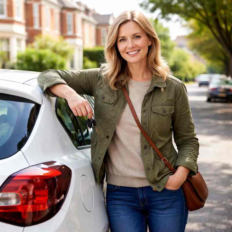 female driver comparing car insurance quotes in Glasgow neighbourhoods