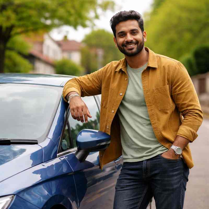 male motorist checking car insurance after an accident